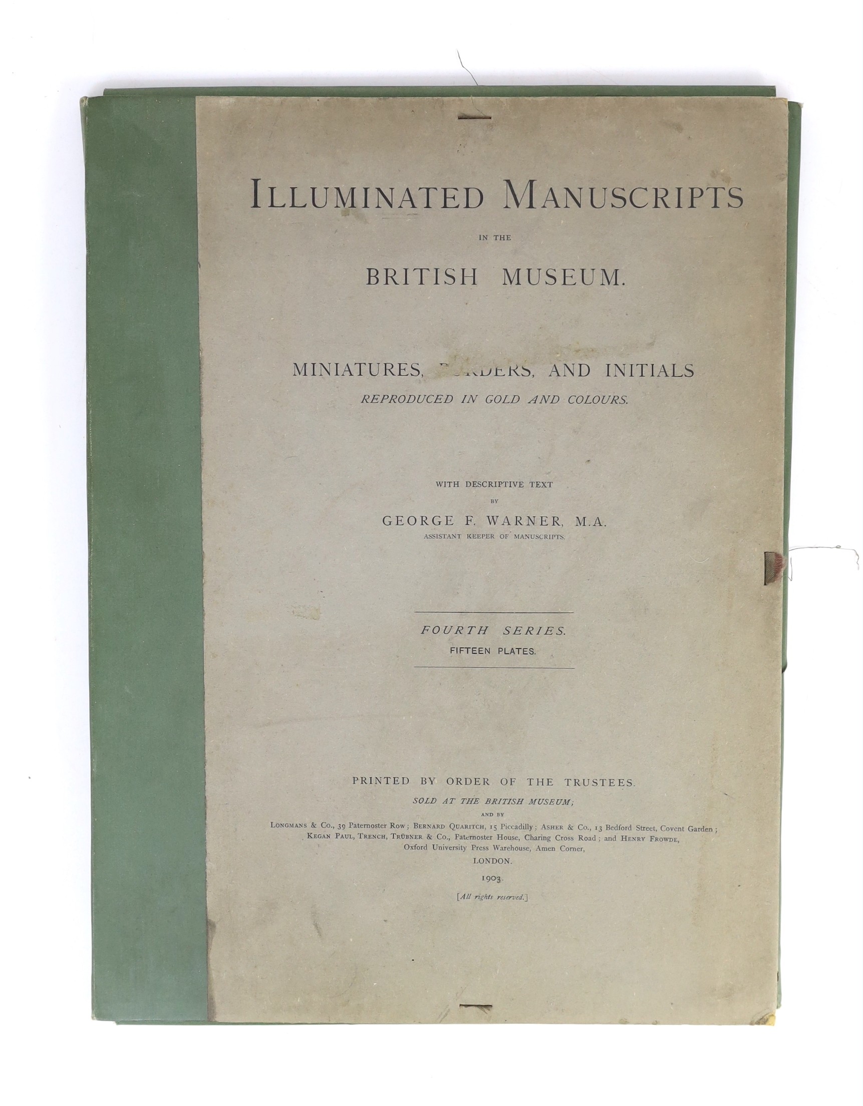 Warner, George F - Illuminated Manuscripts in the British Museum, series IV, one of 500, folio, quarter cloth with printed boards, with 15 chromolithograph plates, British Museum, London, 1903